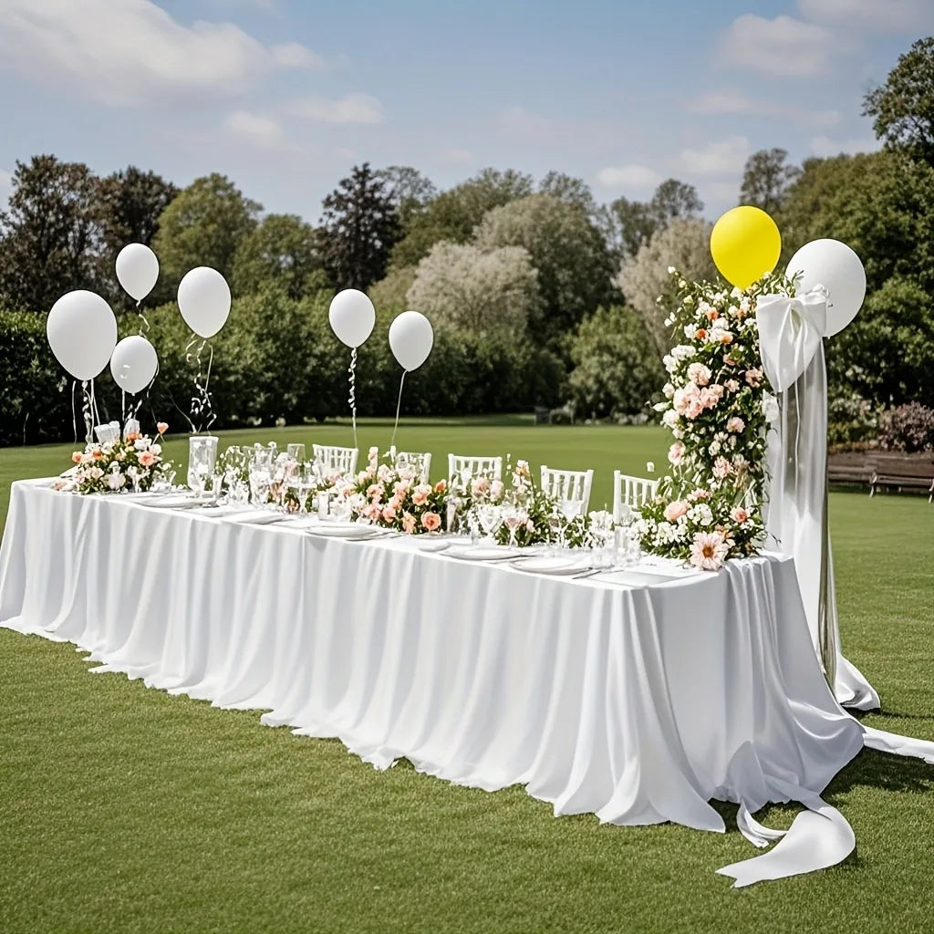 nappes satinées blanc rose noires tables longues mariage fêtes élégantes