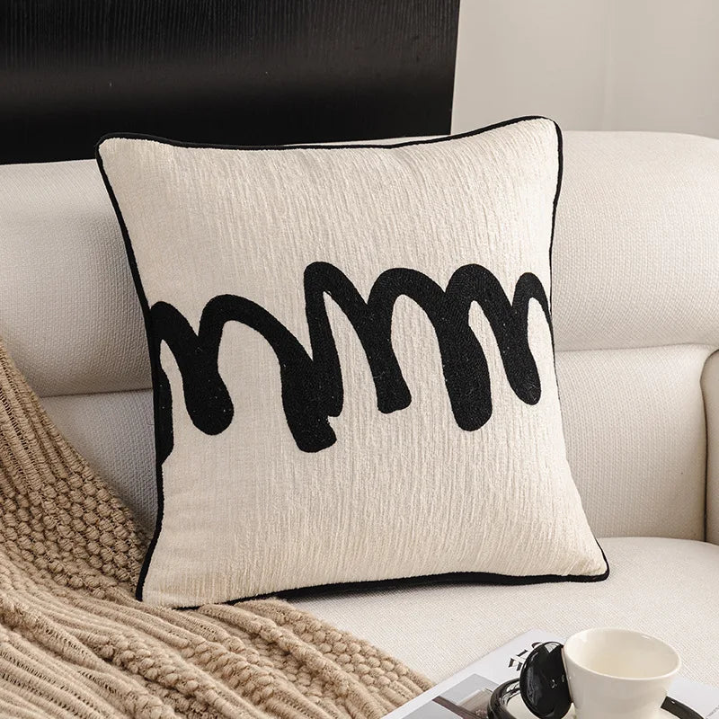 housse coussin polyester géométrique jacquard noir blanc moderne salon décoration