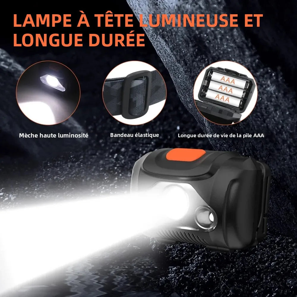 lampe frontale led noire orange ipx4 étanche camping chasse randonnée