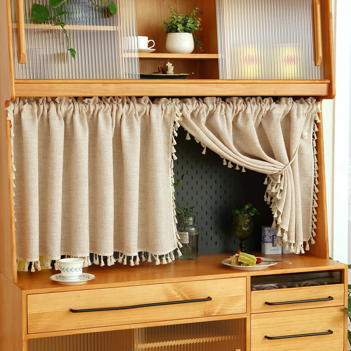 rideau rustique polyester beige clair franges cuisine salon simple élégant