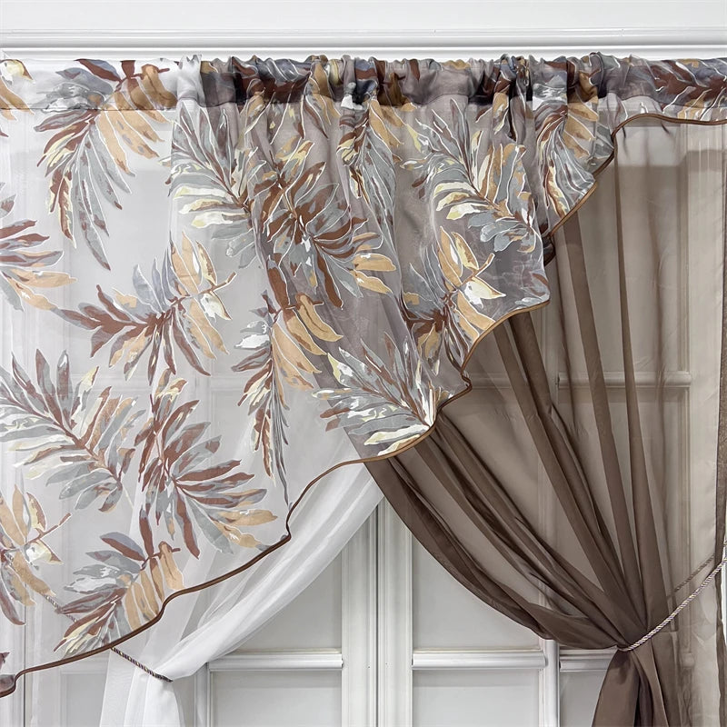 rideau fenêtre beige feuilles stylisées tissu léger élégant transparent tringle rideaux