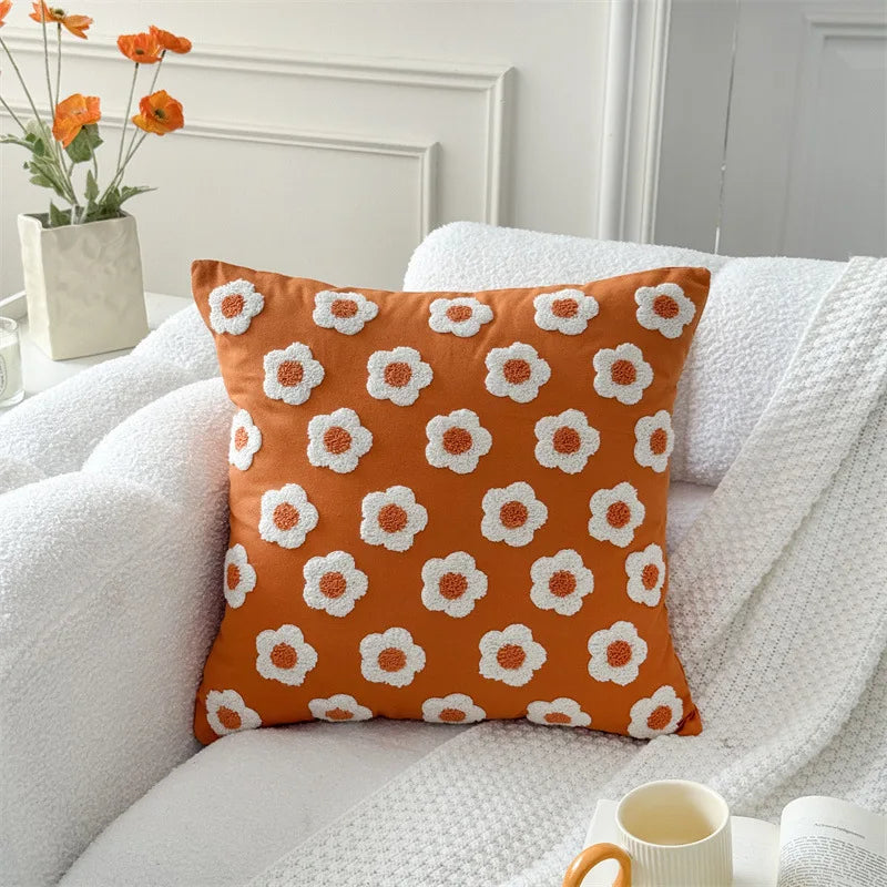 housse coussin brodée fleur marguerite polyester coton blanc jaune décorative salon voiture 30x50cm zip