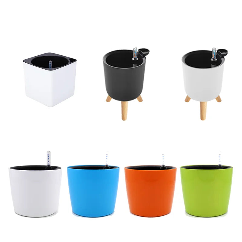 Pot plante auto arrosant moderne blanc indicateur niveau eau fleur verte rond