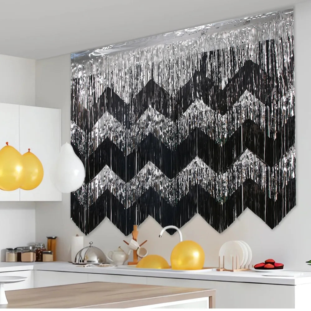 rideau franges noir zigzag festif opacité décoration mur occasion fête doré bleuclair