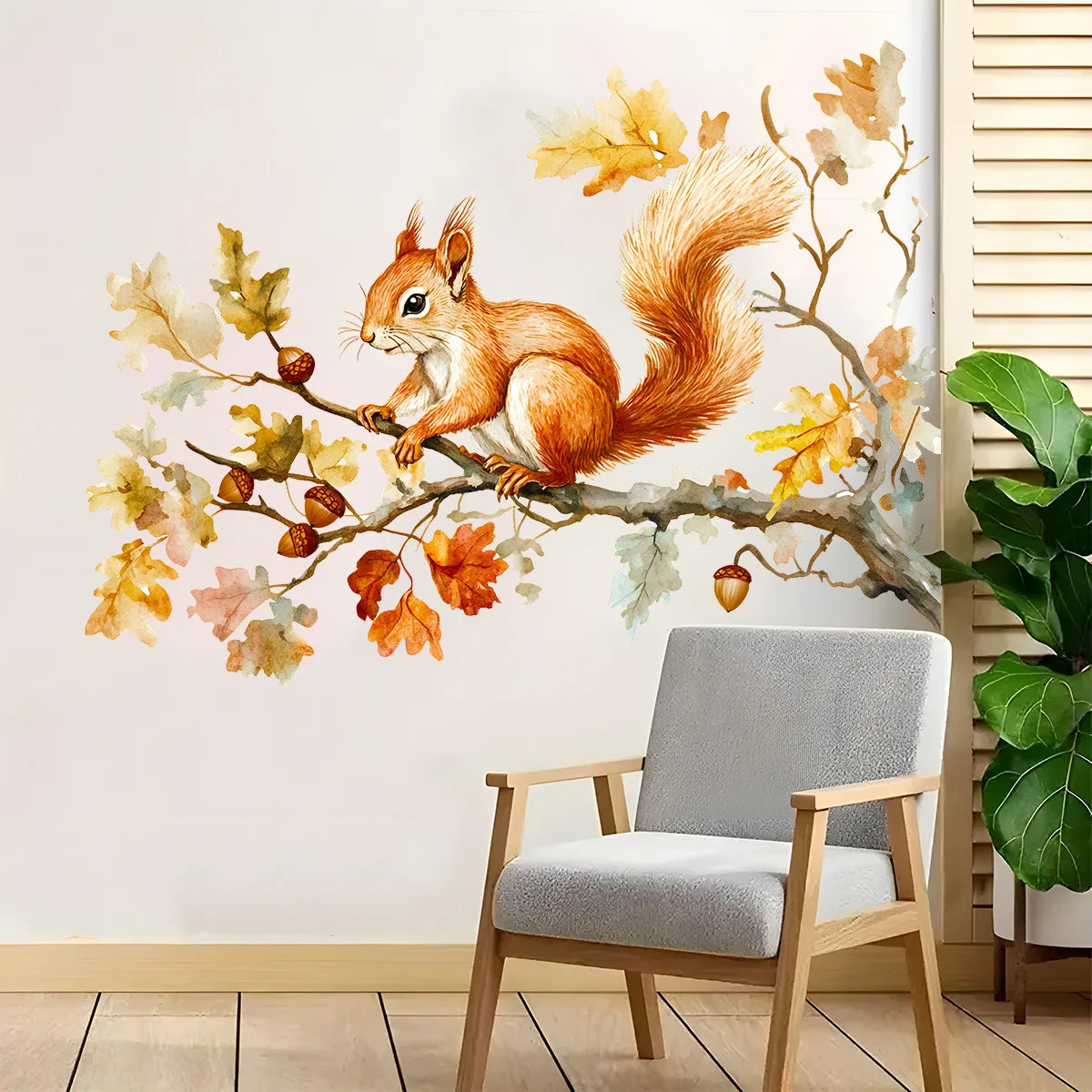 sticker mural illustration écureuil branche feuilles glands orange blanc vert marron réaliste autoadhésif chambre