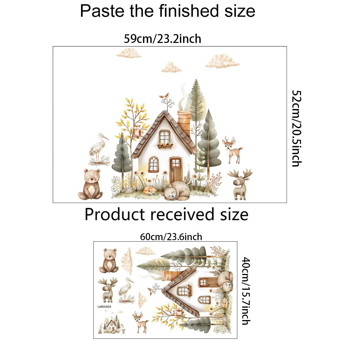 sticker mural illustration aquarelle maison animaux foret enfantine decoration nuages arbres