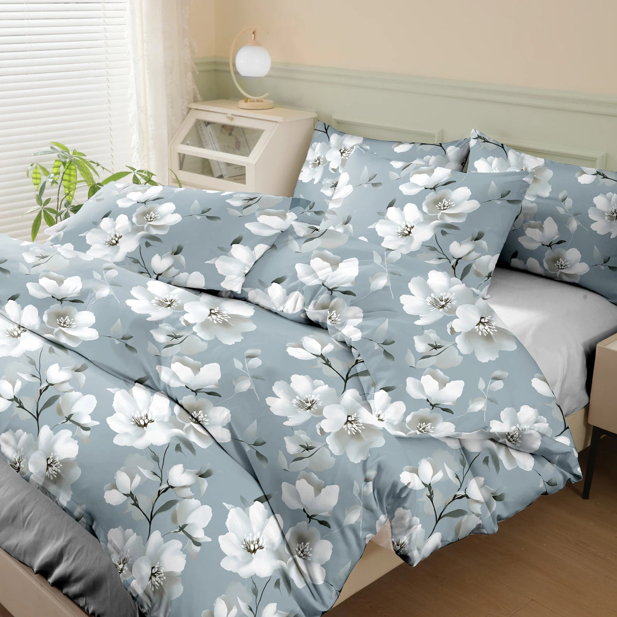 housse couette polyester floral pièces bleu gris blanc moderne chambre coucher lit