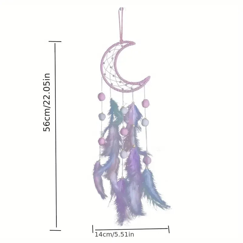 attrape rêves boho plumes pompons lune étoile motif chat violet rose pastel