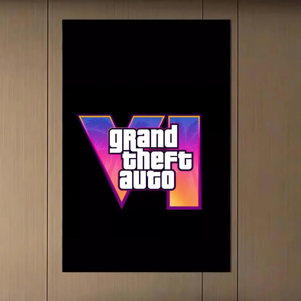 affiche jeu vidéo grand theft auto vi multicolore personnages scènes verte bleue moderne artwork