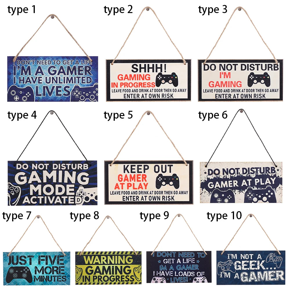 plaque décorative bois graphique texte jeu manette humoristique corde noire bleue adolescente chambre
