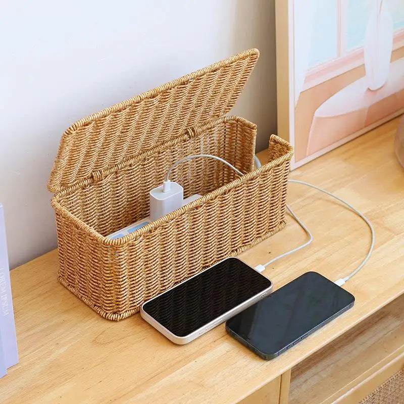 panier marron clair tressé moderne rangement chargeur usb câble smartphone maison