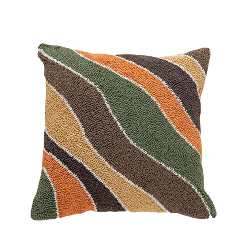taie d'oreiller géométrique abstraite brodée vert beige boho chic coussin tufté 45x45cm motifs linéaires