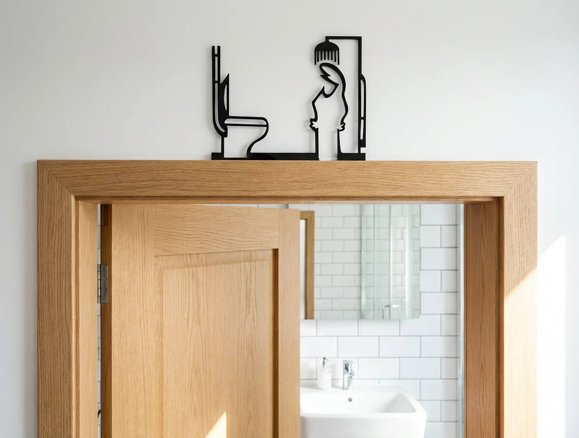 panneau indicateur salle bain adhésif moderne noir blanc gris stylisé personne assise douche minimaliste