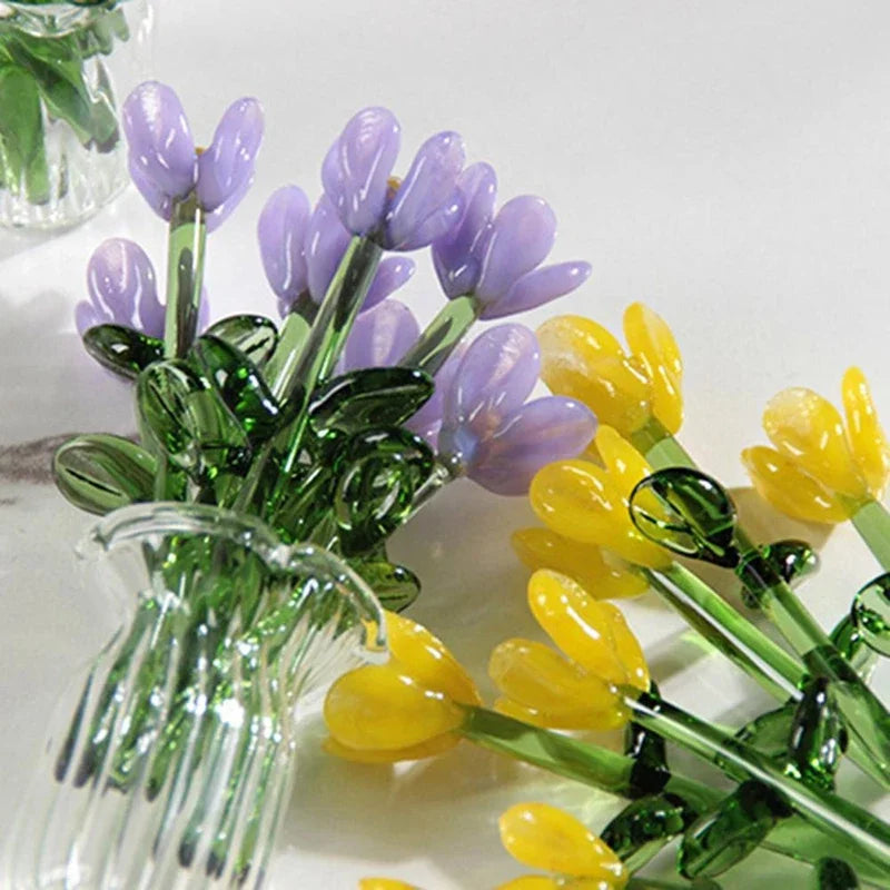 bouquet fleurs artificielles verre violet rouge blanc moderne décoration maison cadeau tulipes feuilles verte