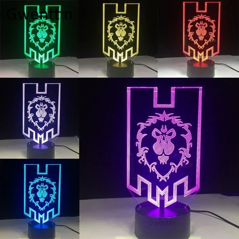 lampe led moderne 3d lion wow warcraft verte rouge or violette bleue transparente