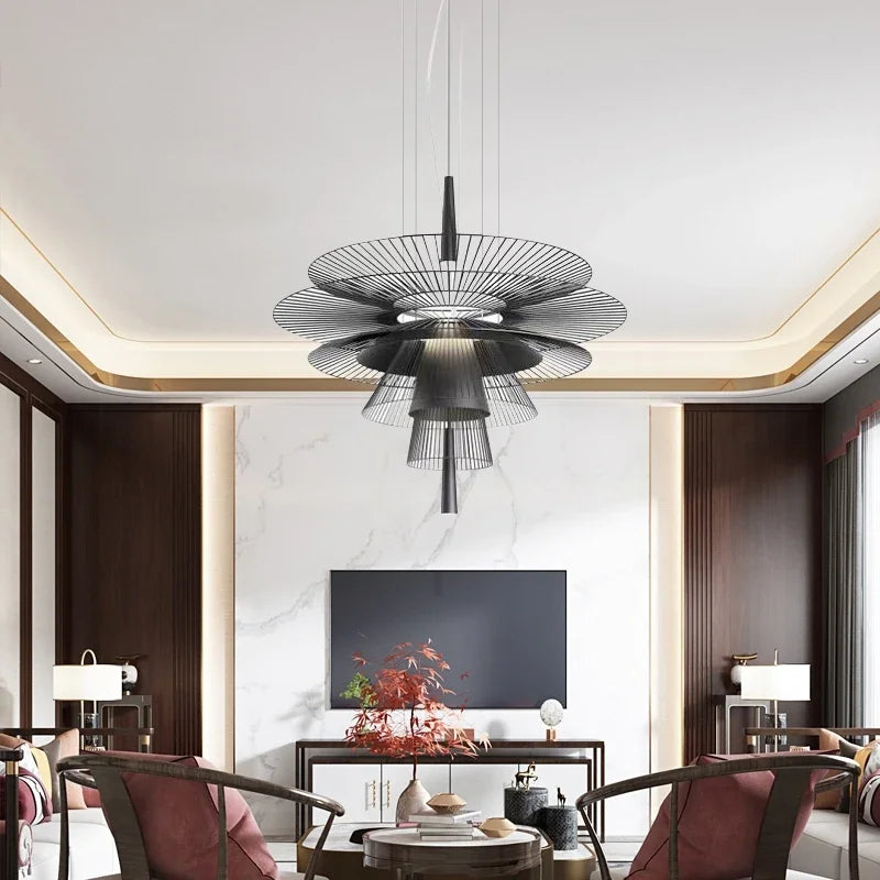 suspension lumineuse contemporaine or noir métal cercles concentriques chaînes suspendues minimaliste 40cm H70cm 60cm