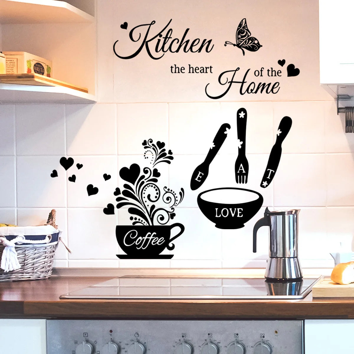 autocollants murals cuisine noir cuillères fourchettes tasses moderne adhésif décoration maison stickers