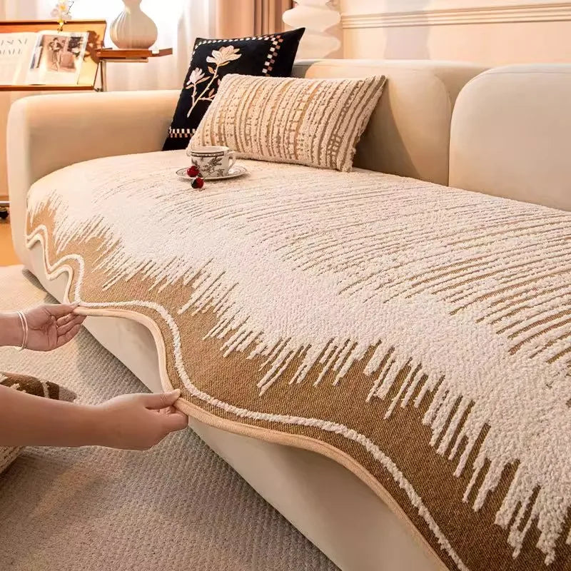 housse canapé extensible chenille jacquard rayures horizontales moderne salon gris beige