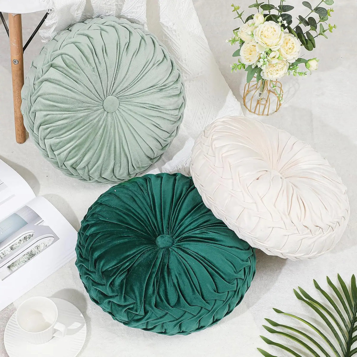 coussin plissé vert gris rose marine moderne 38cm polyester coton pp