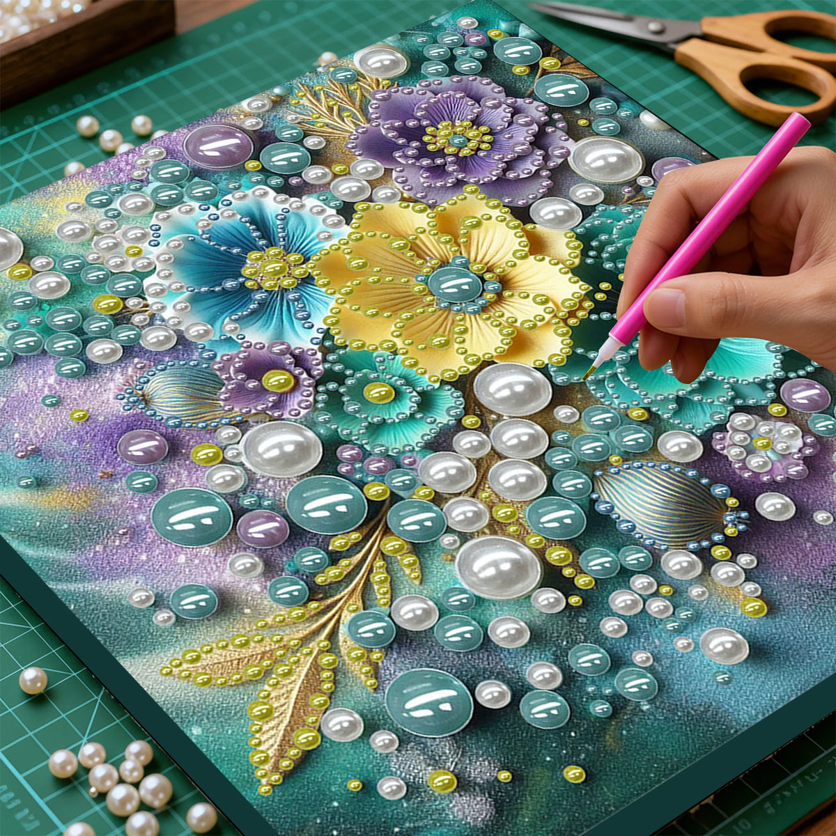 tableau décoratif fleurs coquillages art floral brillant rose violet bleu vert blanc moderne adultes