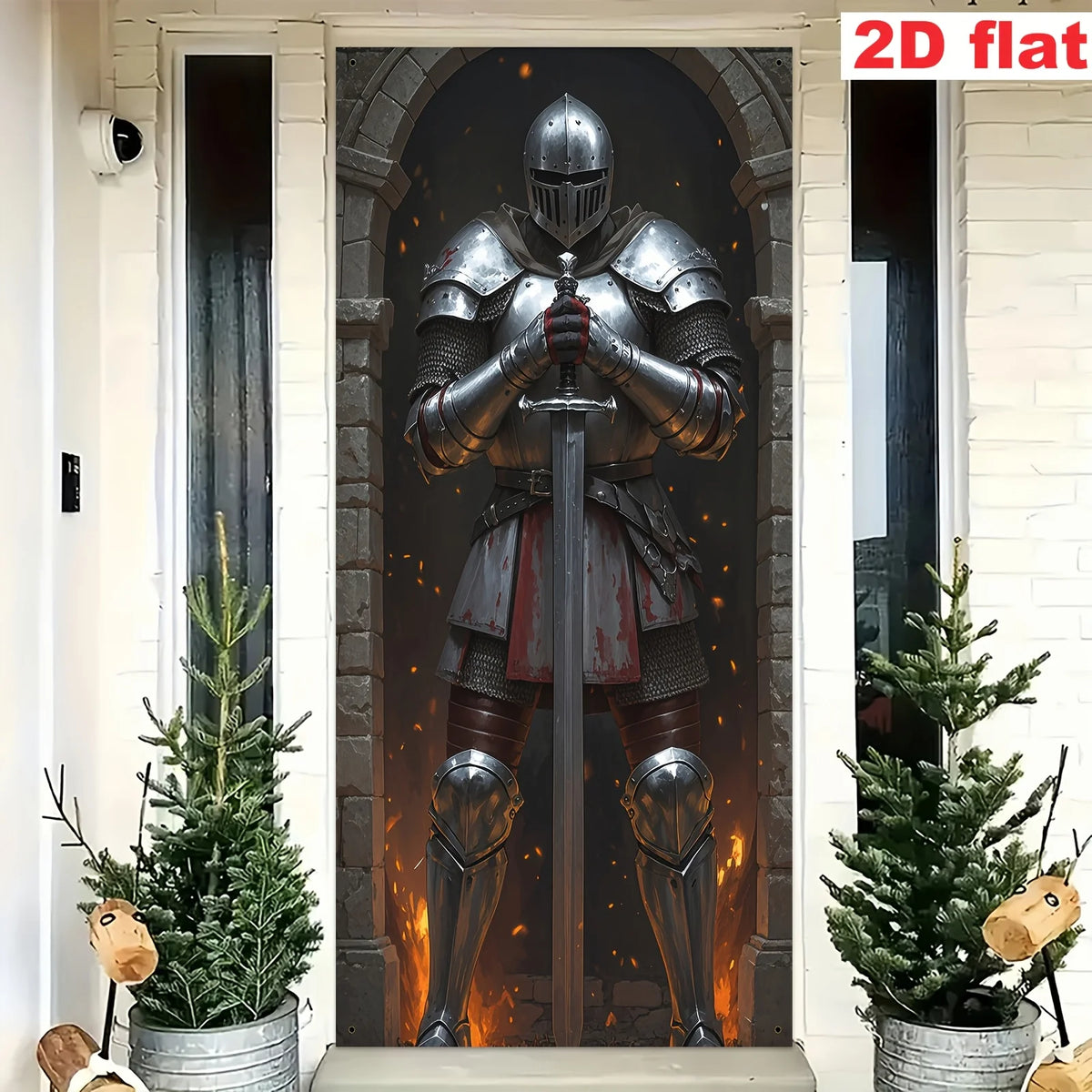 autocollant mural armure médiévale chevalier épée flammes gris métallisé rouge noir historique réaliste anneaux