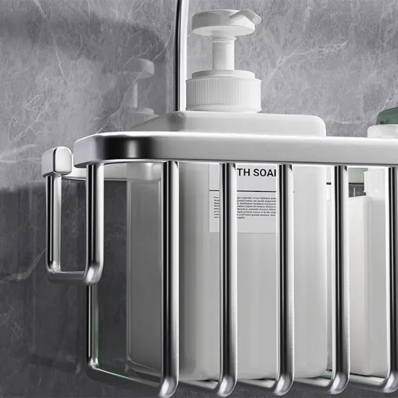 organisateur salle bain suspendu panier métallique noir argenté moderne minimaliste douche rangement echangereusable