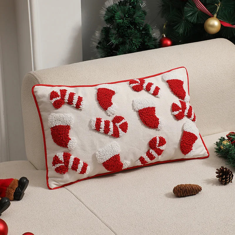 coussin noël brodé blanc rouge motifs cannes sucre opacité décoratif zipper