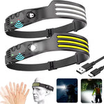 lampe frontale rechargeable noir jaune rayures horizontales boucle ajustable camping pêche