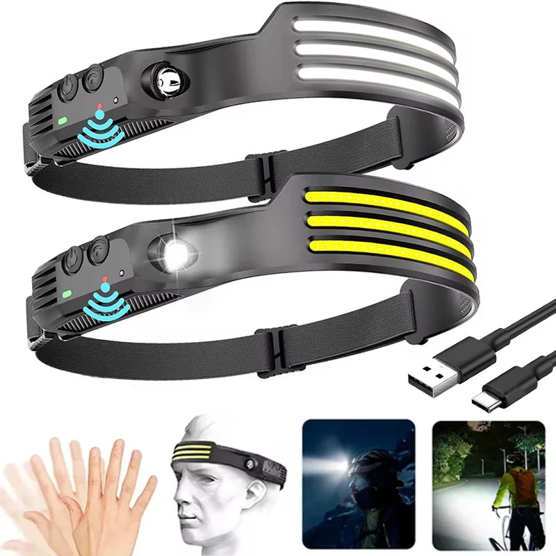 lampe frontale rechargeable noir jaune rayures horizontales boucle ajustable camping pêche
