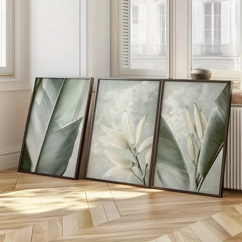 tableaux moderne naturels motifs floraux bananier fleurs vert clair blanc beige sans cadre