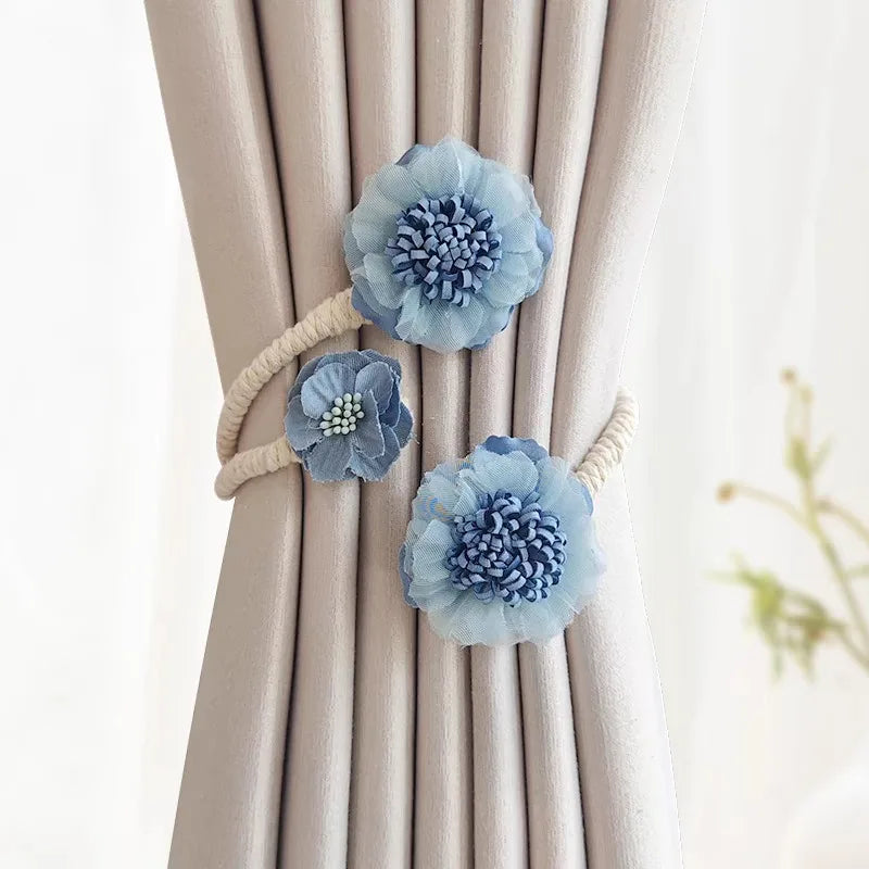 rideau polonais bohème fleurs coton corde tressée moderne attaches pompons transparent floral