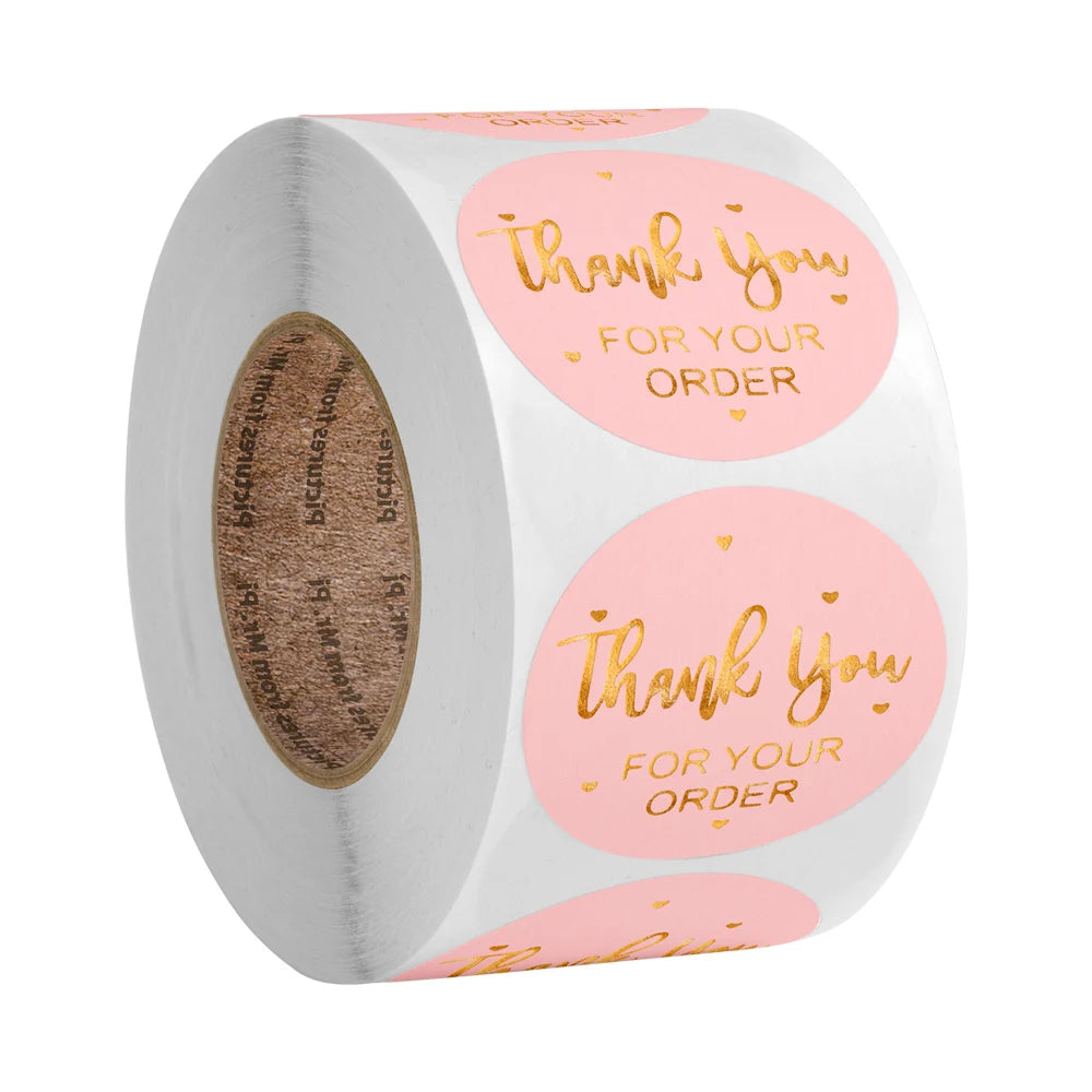 autocollants merci votre commande noir rose doré transparents élégants cœurs écriture manuscrite lot 50