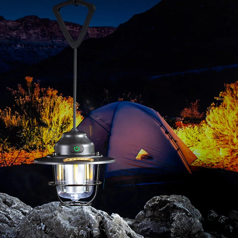 lampe camping vintage robuste noir beige gris métal verre transparent rechargeableextérieur camping portable