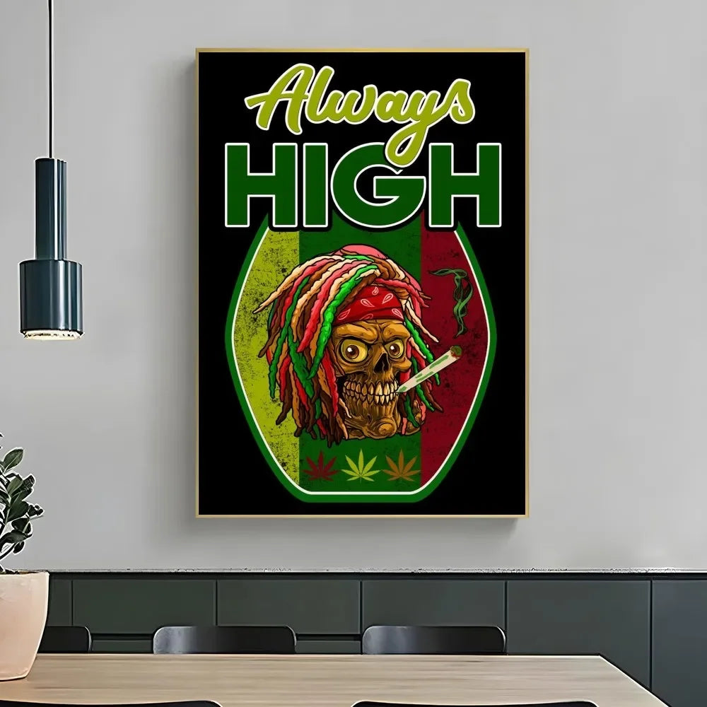 affiche graphique pop art crânes cannabis lettrage noir vert opaque sans cadre