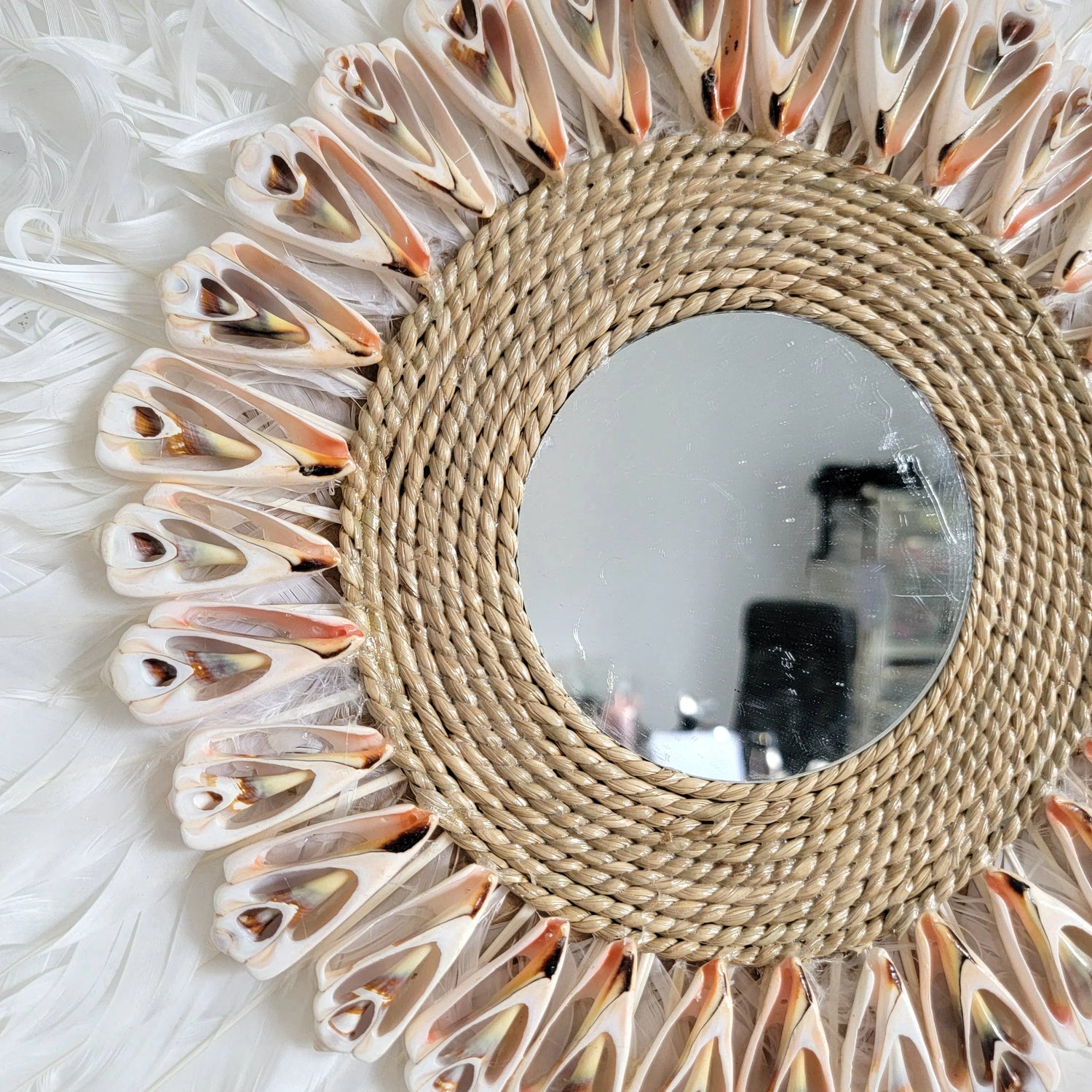 Décoration murale bohème miroir plumes rotin