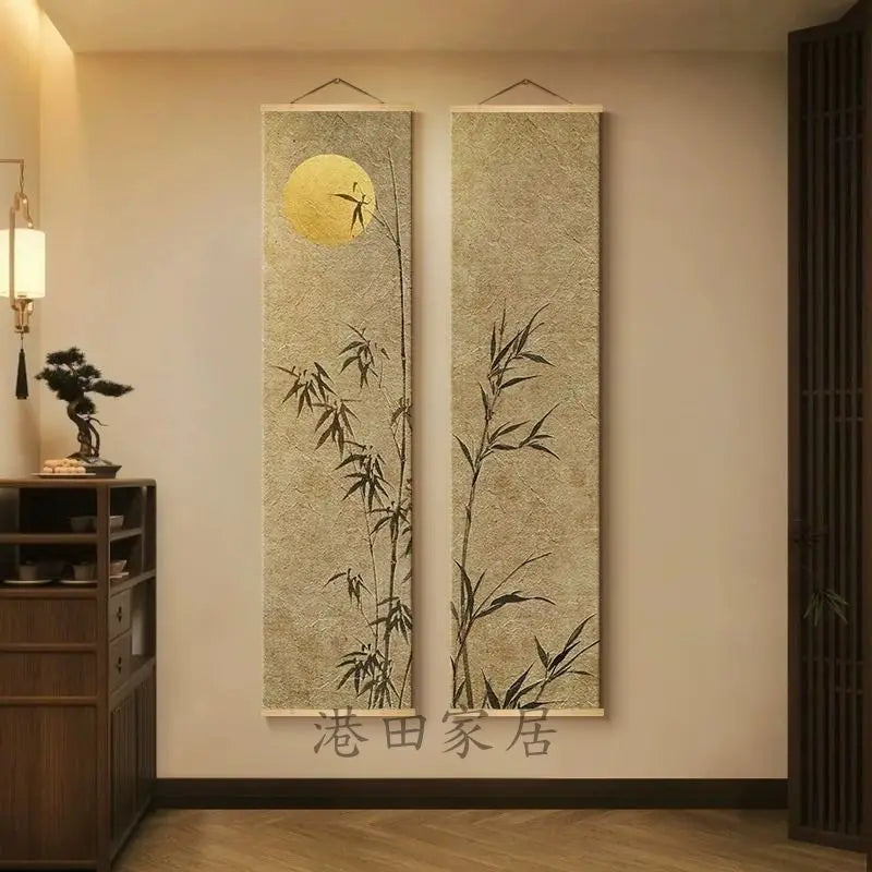 Toile d'art suspendue bambou oiseaux fond beige minimaliste contemporain crochets