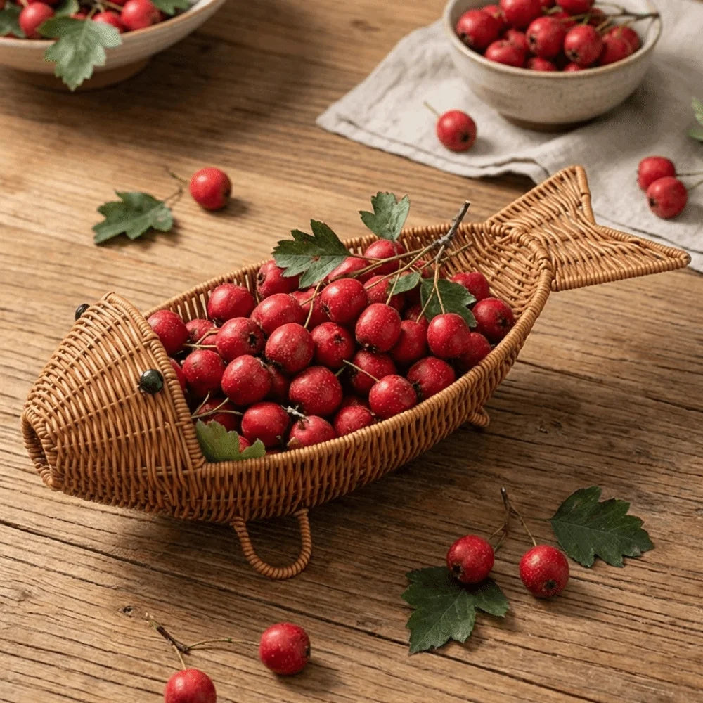 panier osier forme poisson marron clair rustique original rangement décoration poignées cordelette