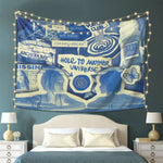tapisserie pop art bleu blanc phrases spirales papillon faces salon chambre