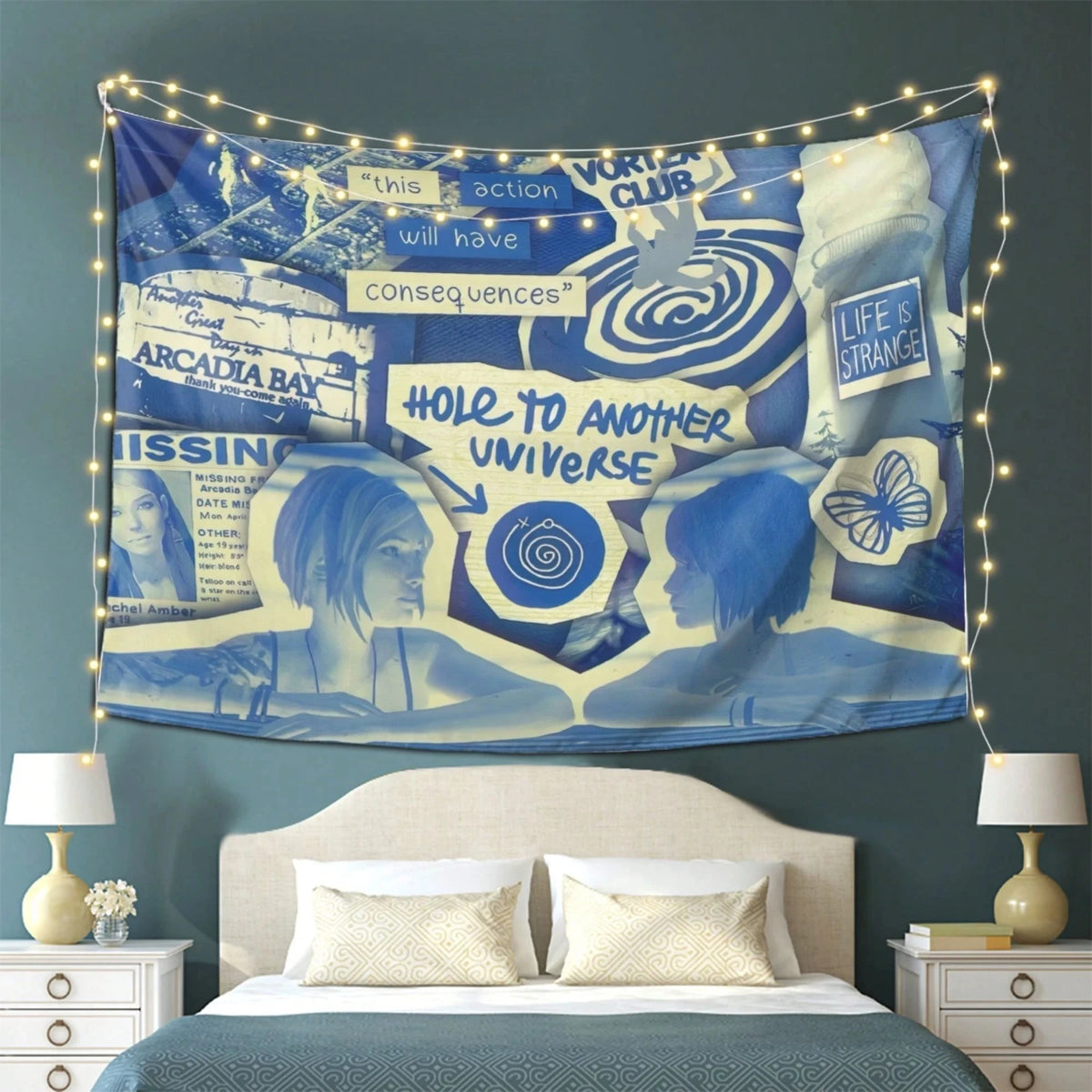 tapisserie pop art bleu blanc phrases spirales papillon faces salon chambre