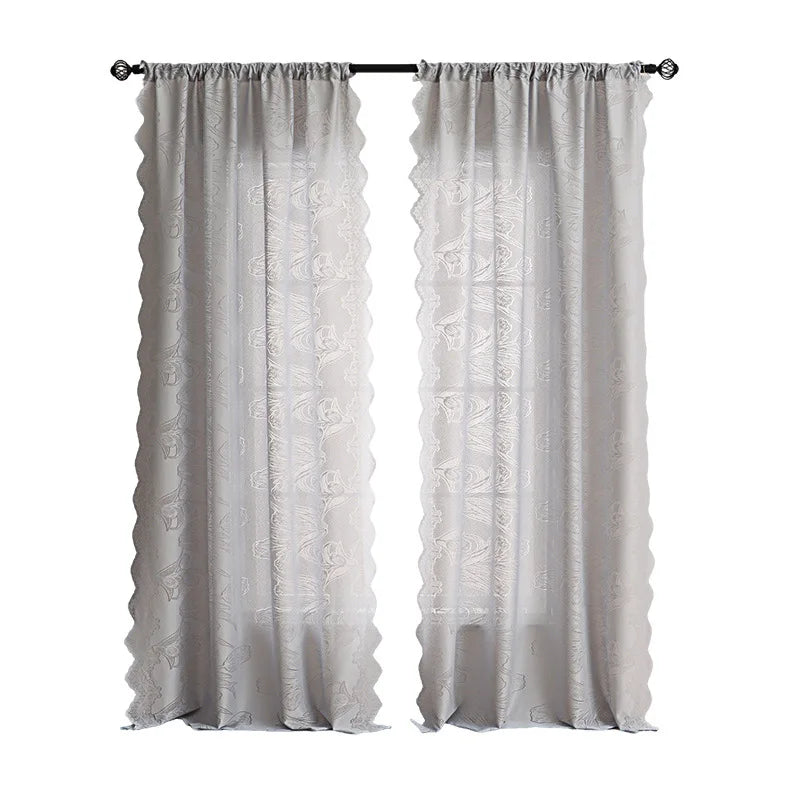 rideau gris clair fleurs blanches semi transparent classique romantique dentelé polyester chambre salon decoration