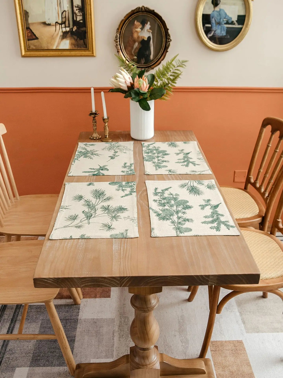serviettes table imprimées branches oiseaux beige vert classiques respectueuses environnement pasteuriales 13x19 pouces