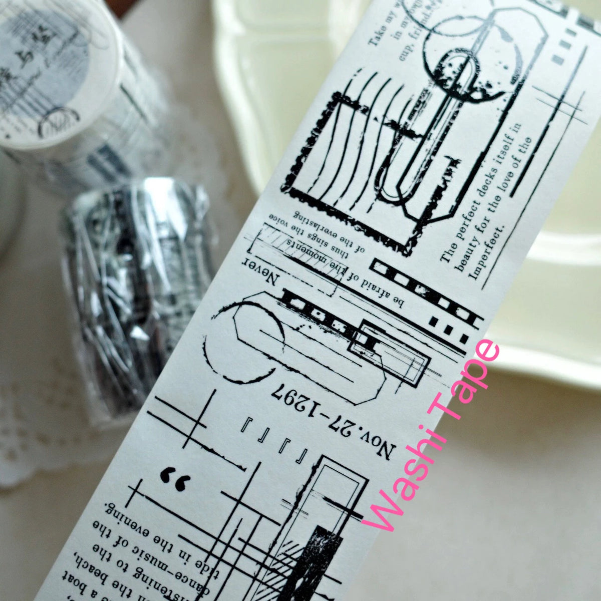 ruban decoratif blanc graphique moderne etiquettes planification scrapbooking washi tape pet set lignes noires