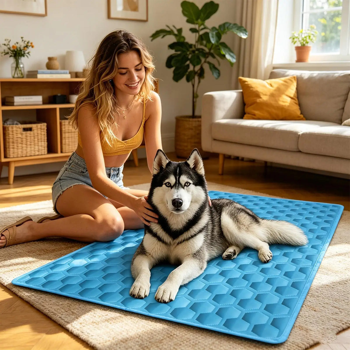 tapis refroidissement bleu hexagones moderne respectueux environnement chiens puppies kennel camping voyage