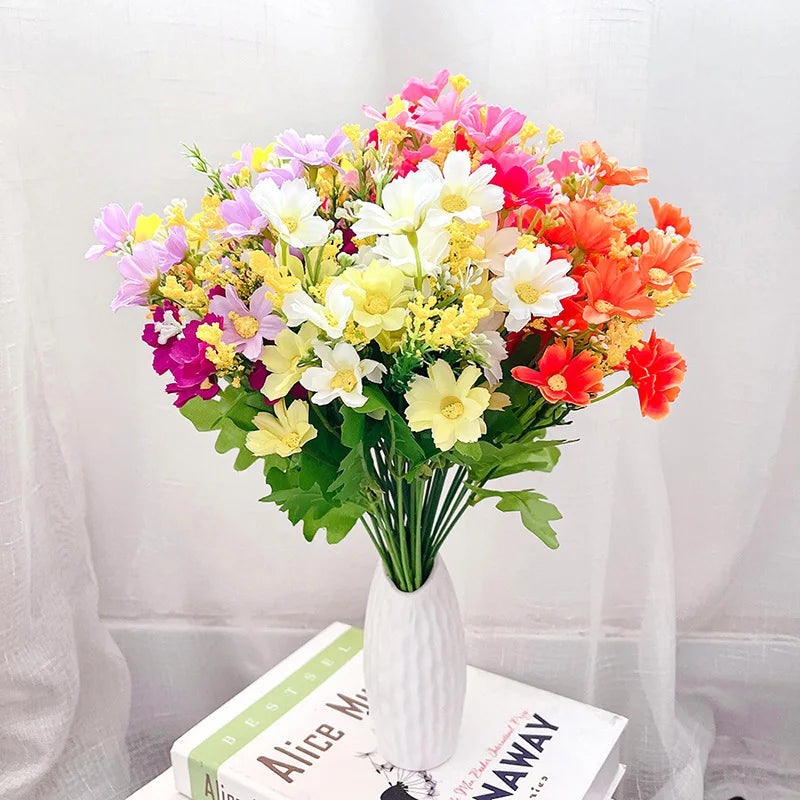 bouquet fleurs artificielles multicolores petites fleurs centre jaune feuilles vertes naturel decoration maison fournissoires
