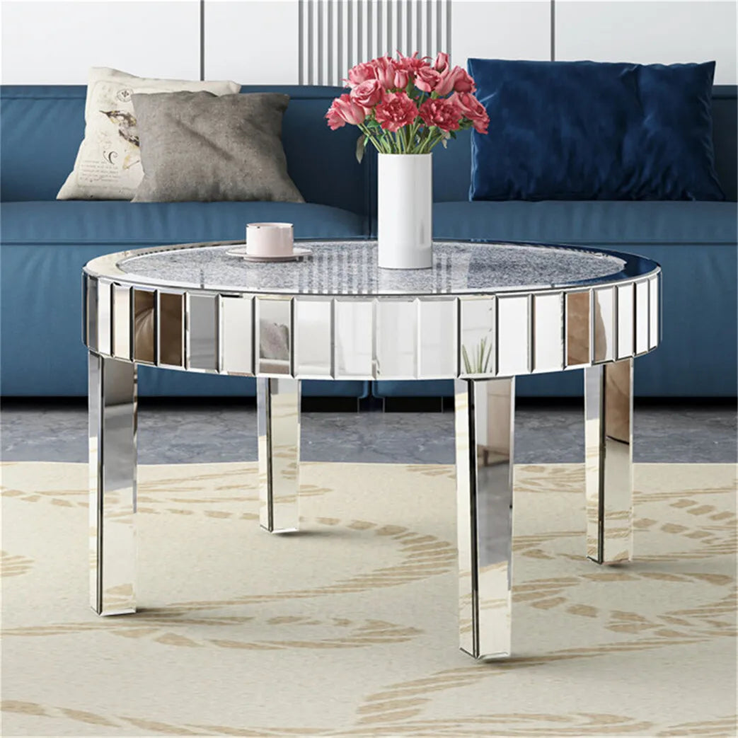 table basse ronde moderne transparente motifs cristal argentée chic salon chambre