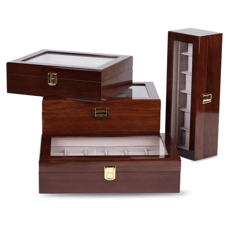 boîtes montres marron foncé compartiments bois luisants poignées dorées classiques organisateur montres luxueuses