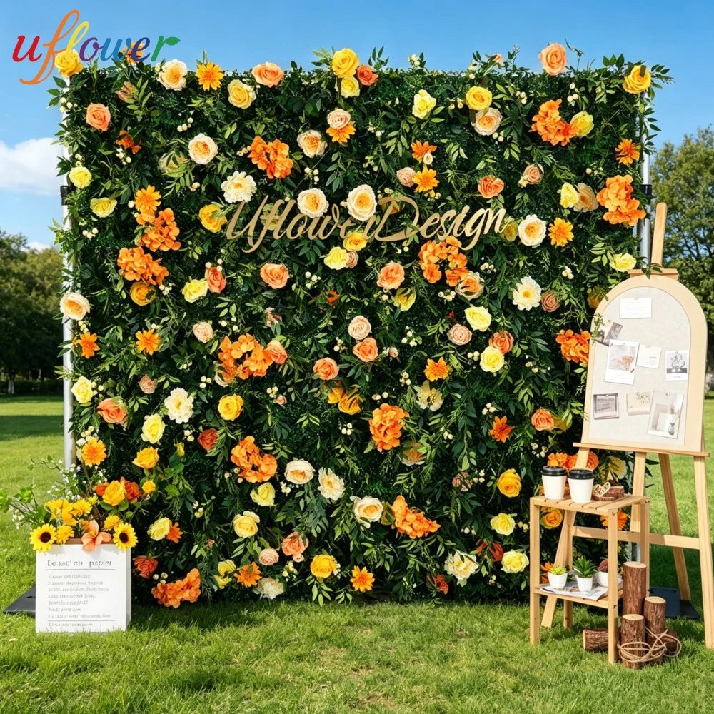 panneau floral décoration événementiel intérieur vert orange roses feuilles texturées fixations charnières événements decoration