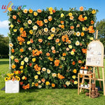 panneau floral décoration événementiel intérieur vert orange roses feuilles texturées fixations charnières événements decoration