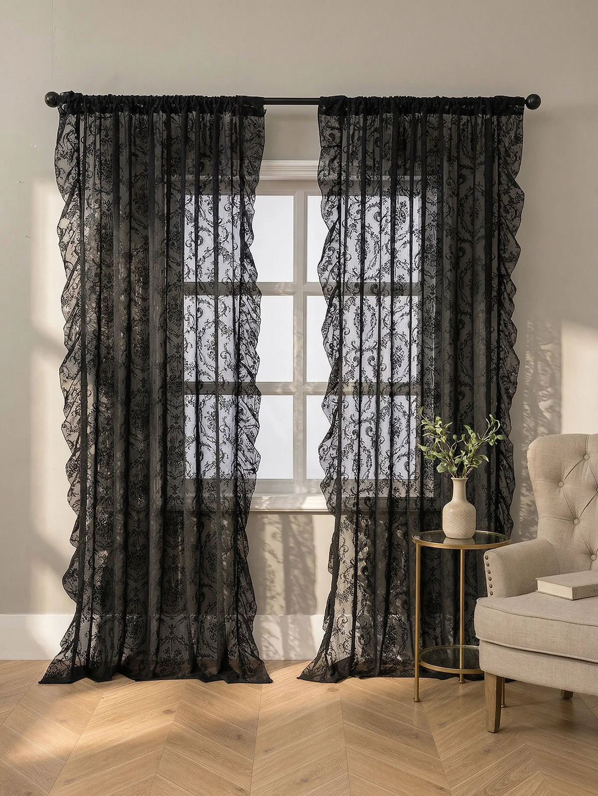 rideau noir transparent broderie florale classique anneaux décoratives polyester chambre salonhôtel