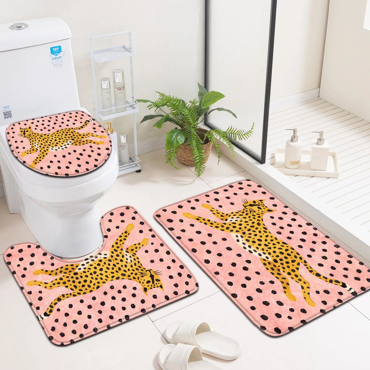 tapis bain rose léopard anti dérapant moderne graphique salle bain fille enfant decoration interieur
